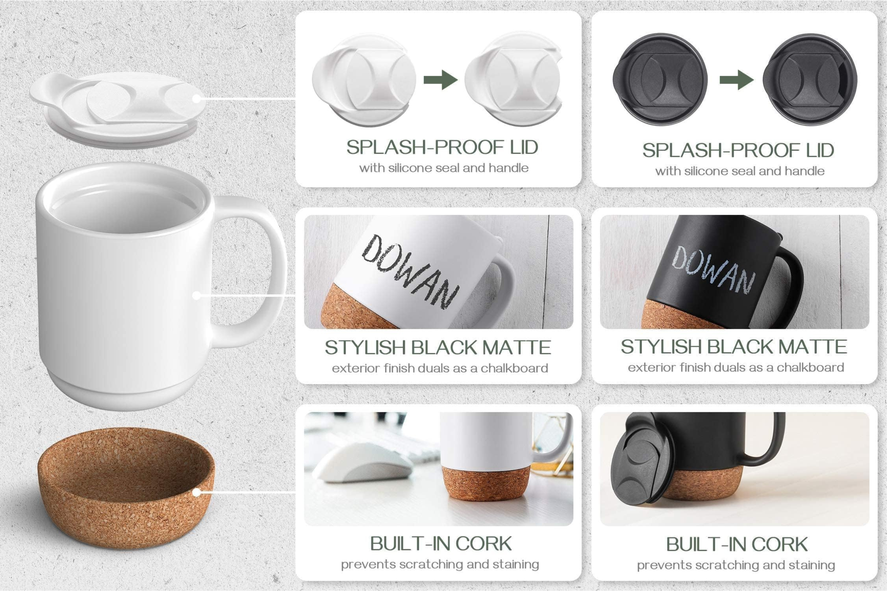 The Wandering Bean Cork Base Coffee Mug, Ceramic Mug with Insulated Cork Bottom