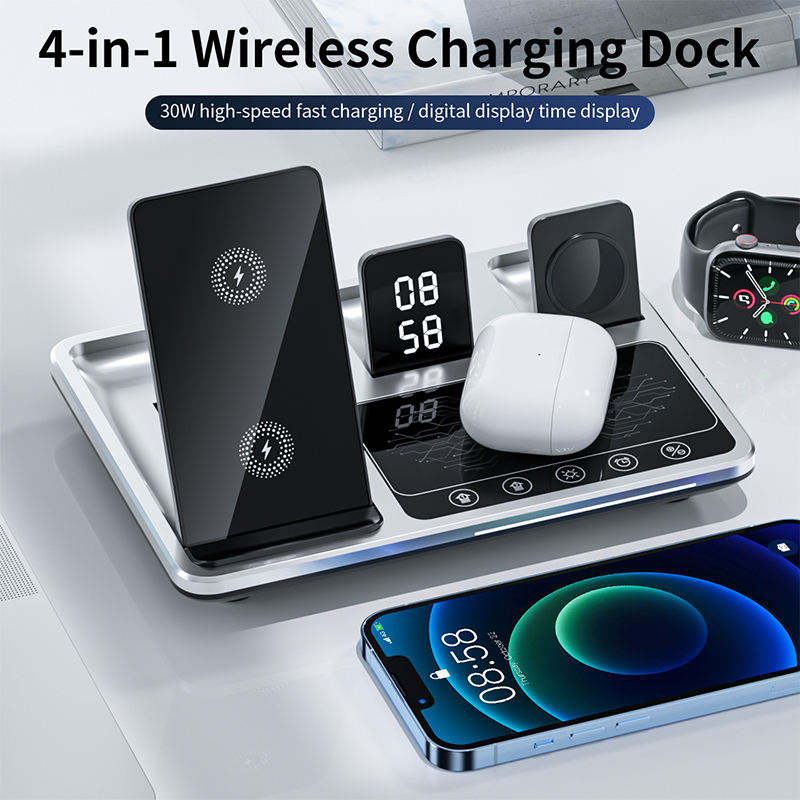 3 in 1 15W Fast Charging Foldable Desk Digital Smart Clock Led Light Portable Wireless Charger Stand for Smart Phone.
