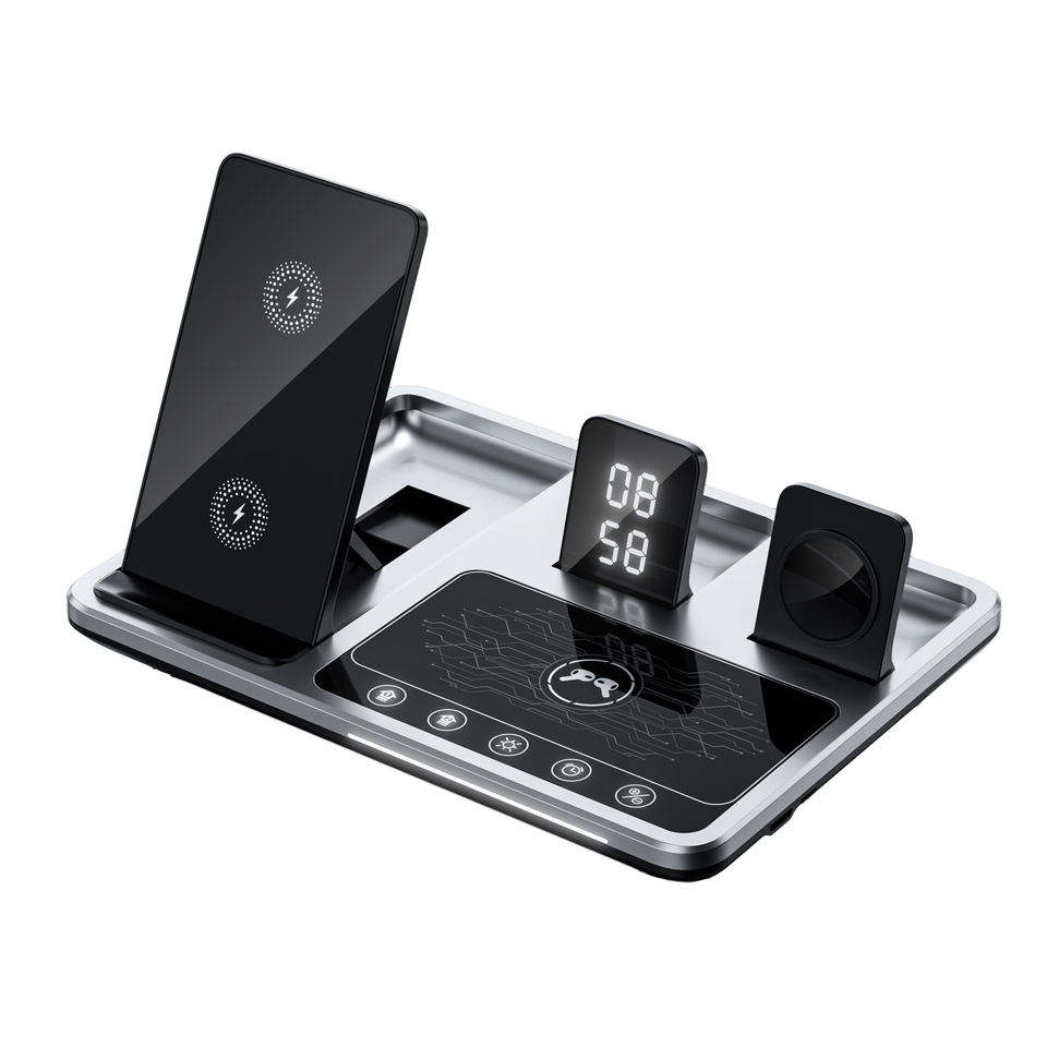 3 in 1 15W Fast Charging Foldable Desk Digital Smart Clock Led Light Portable Wireless Charger Stand for Smart Phone.