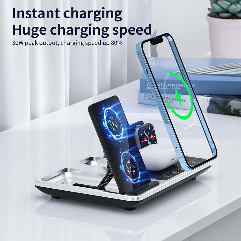 3 in 1 15W Fast Charging Foldable Desk Digital Smart Clock Led Light Portable Wireless Charger Stand for Smart Phone.