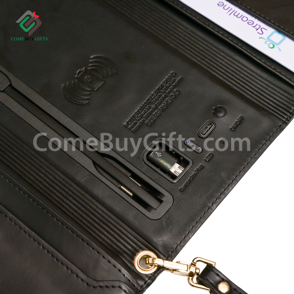 Custom PU leather wallet wireless charger power banks with Custom name.