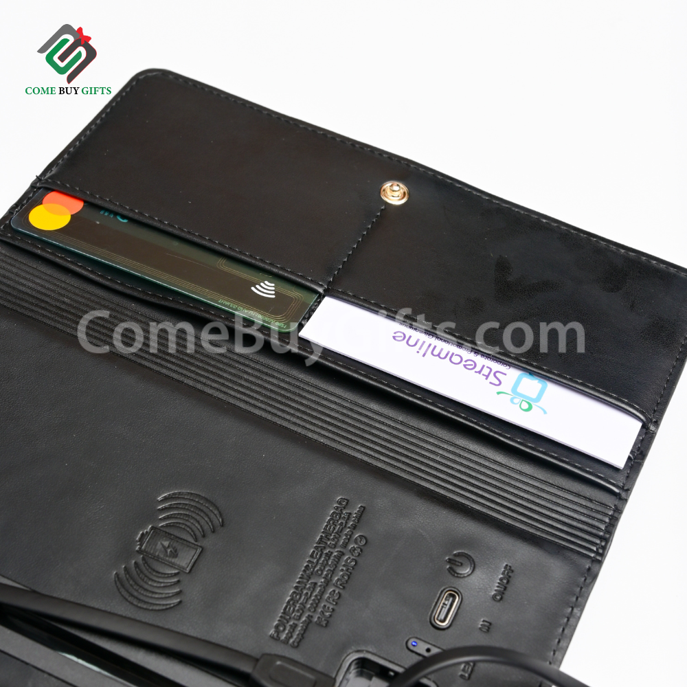 Custom PU leather wallet wireless charger power banks with Custom name.