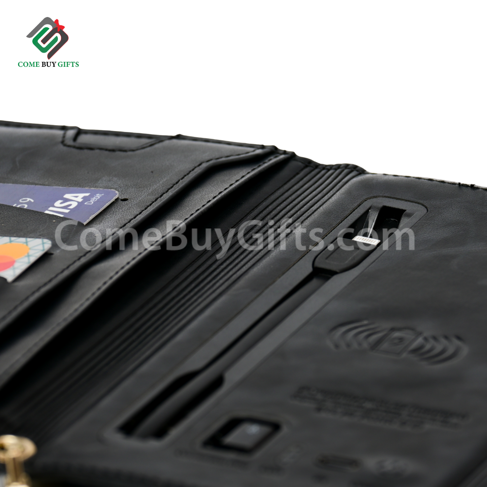 Custom PU leather wallet wireless charger power banks with Custom name.