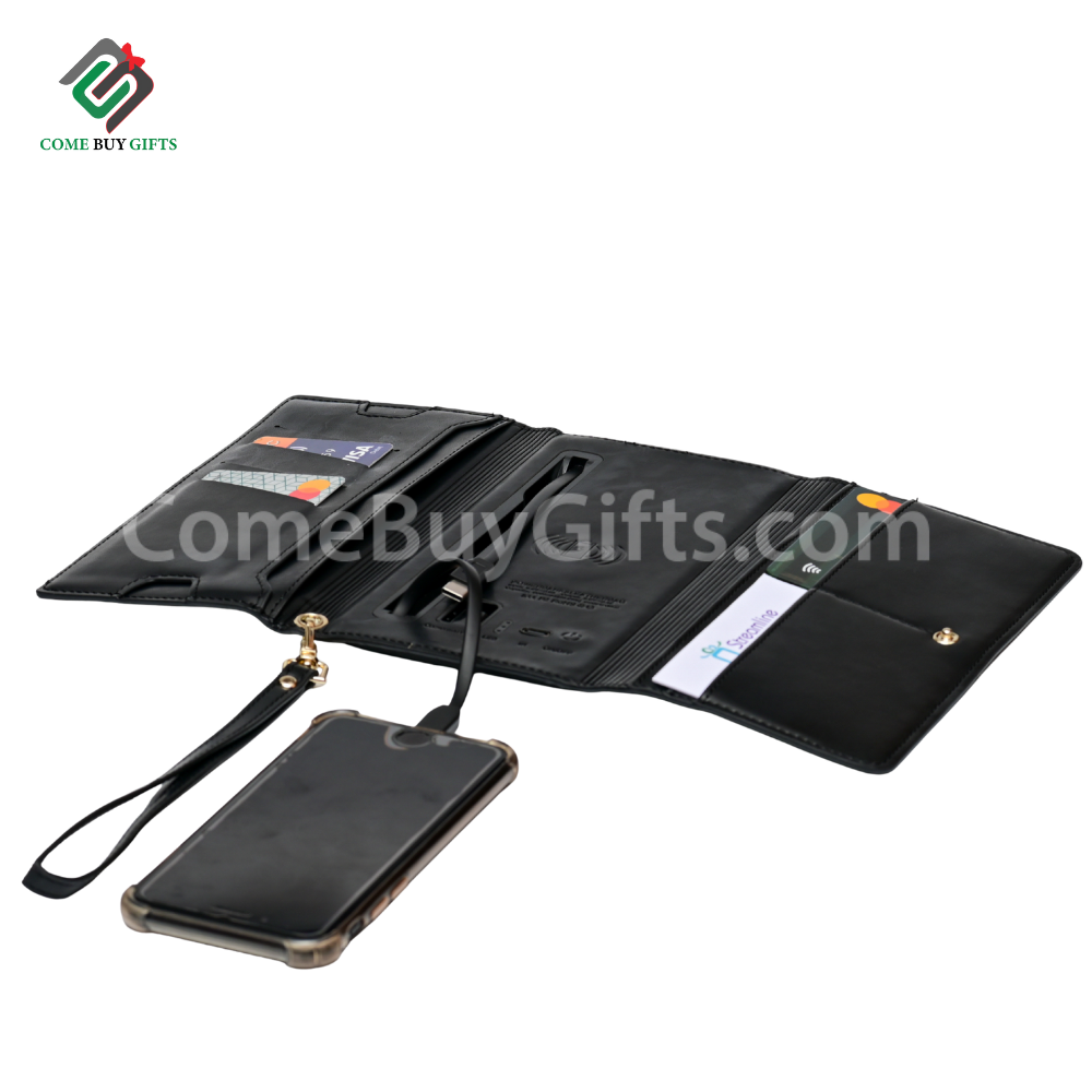 Custom PU leather wallet wireless charger power banks with Custom name.