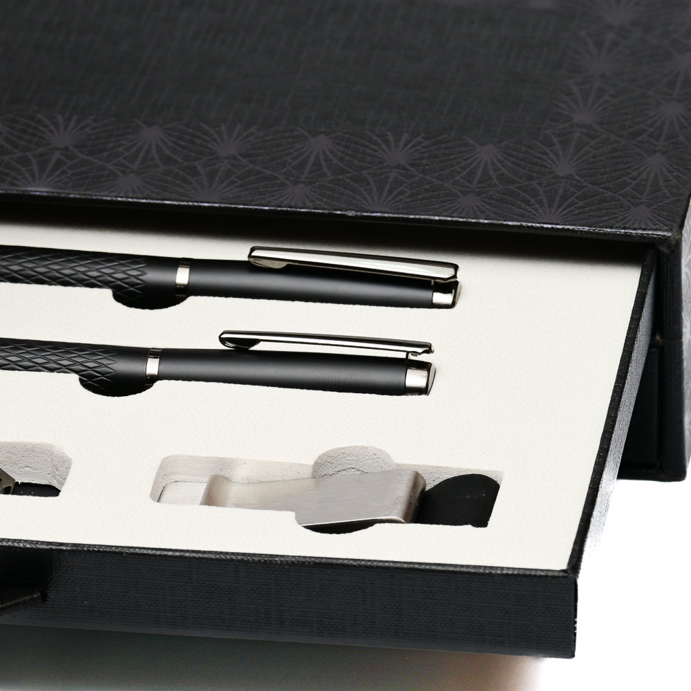Premium Executive Gift Set – 2 Luxury Pens, Leather Key chain, Metal Book Holder & Woven Diary