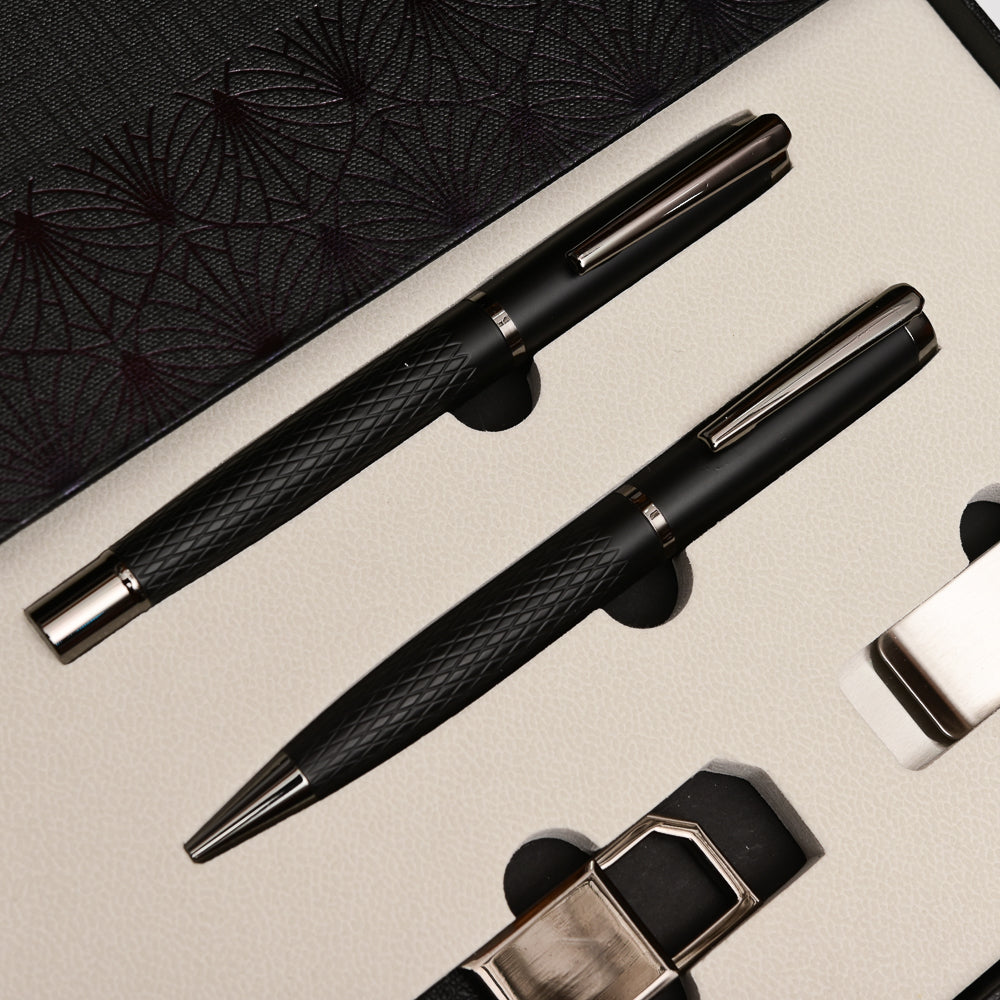 Premium Executive Gift Set – 2 Luxury Pens, Leather Key chain, Metal Book Holder & Woven Diary