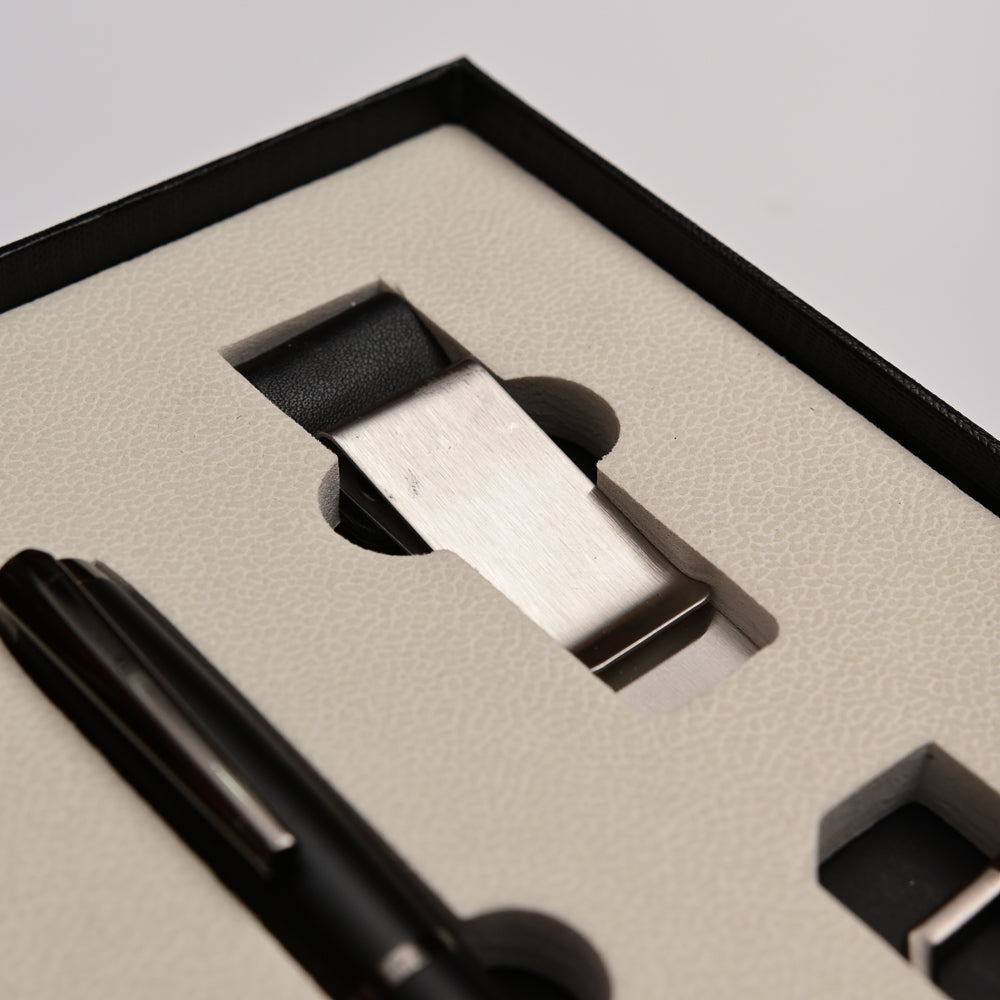 Premium Executive Gift Set – 2 Luxury Pens, Leather Key chain, Metal Book Holder & Woven Diary
