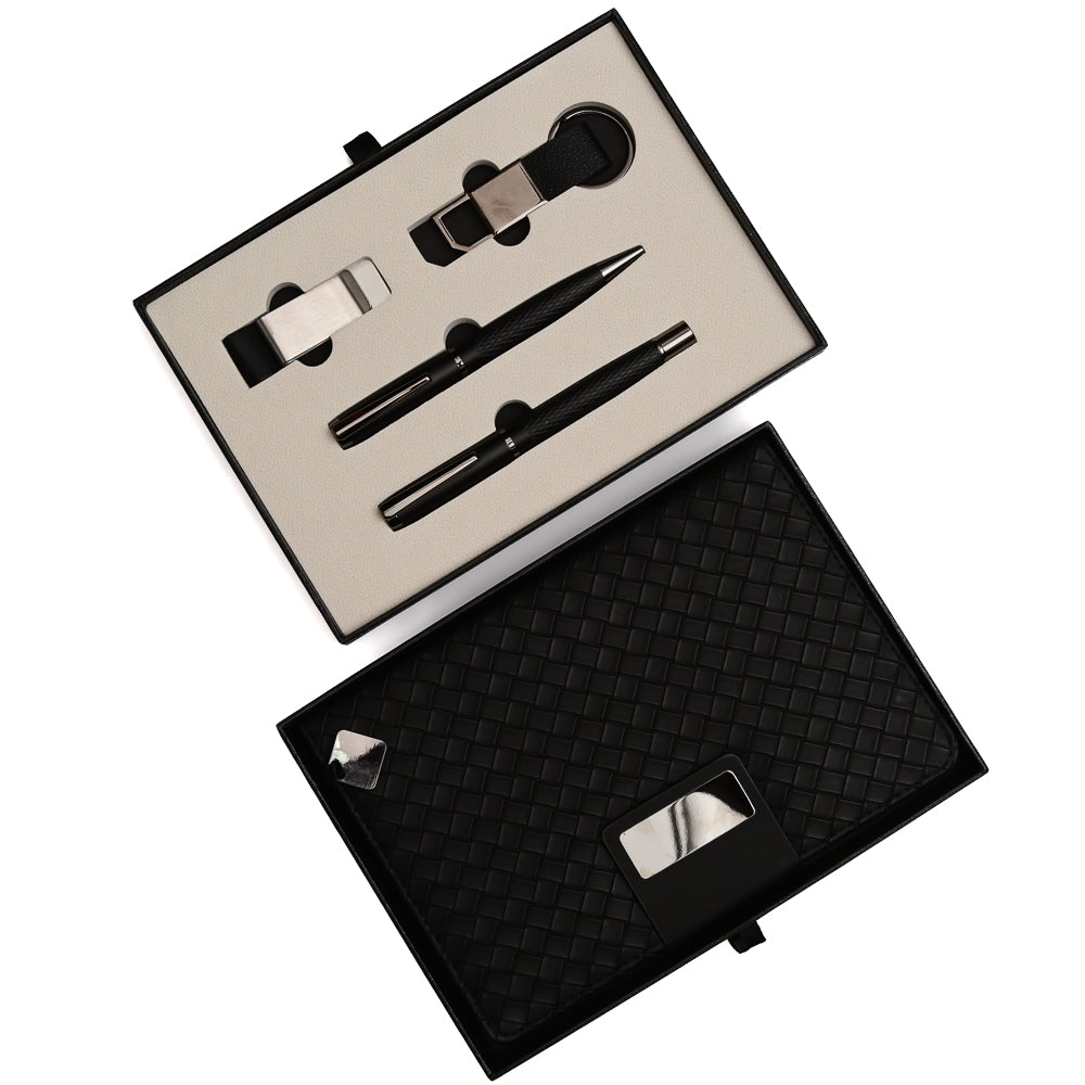 Premium Executive Gift Set – 2 Luxury Pens, Leather Key chain, Metal Book Holder & Woven Diary