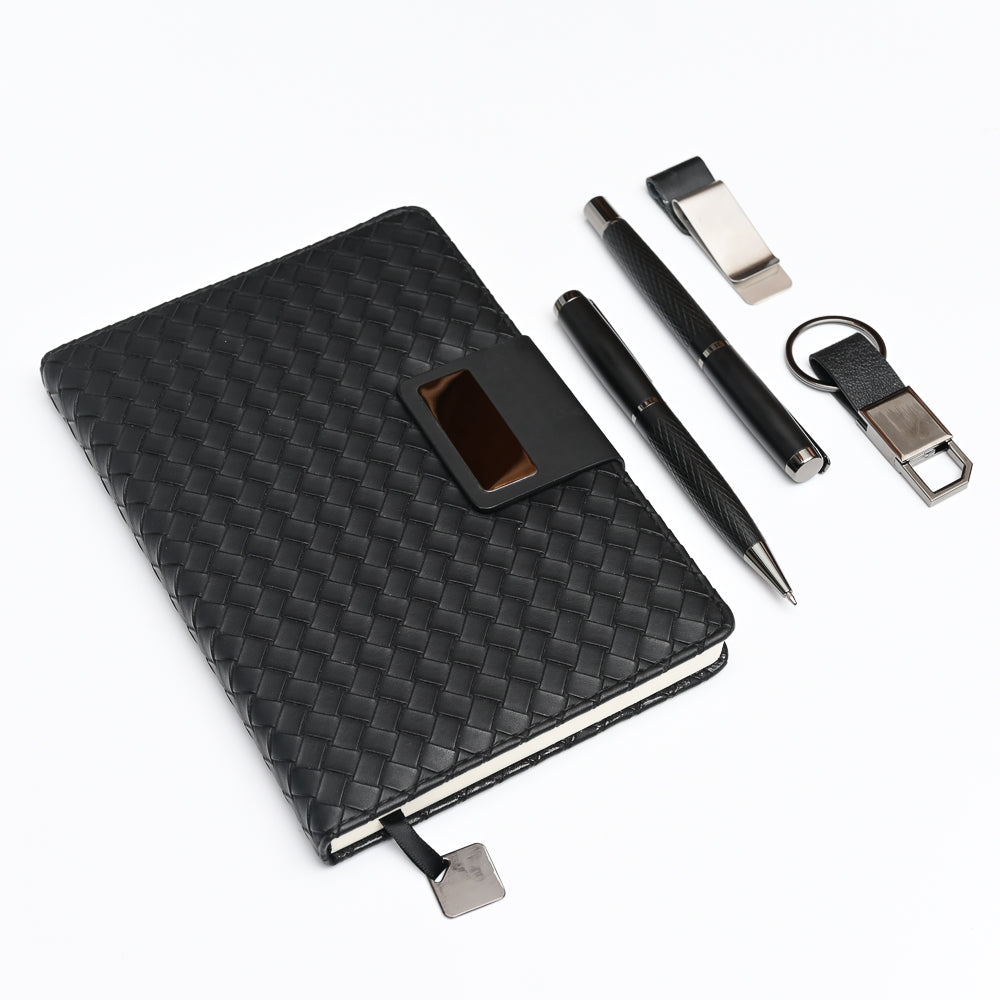 Premium Executive Gift Set – 2 Luxury Pens, Leather Key chain, Metal Book Holder & Woven Diary