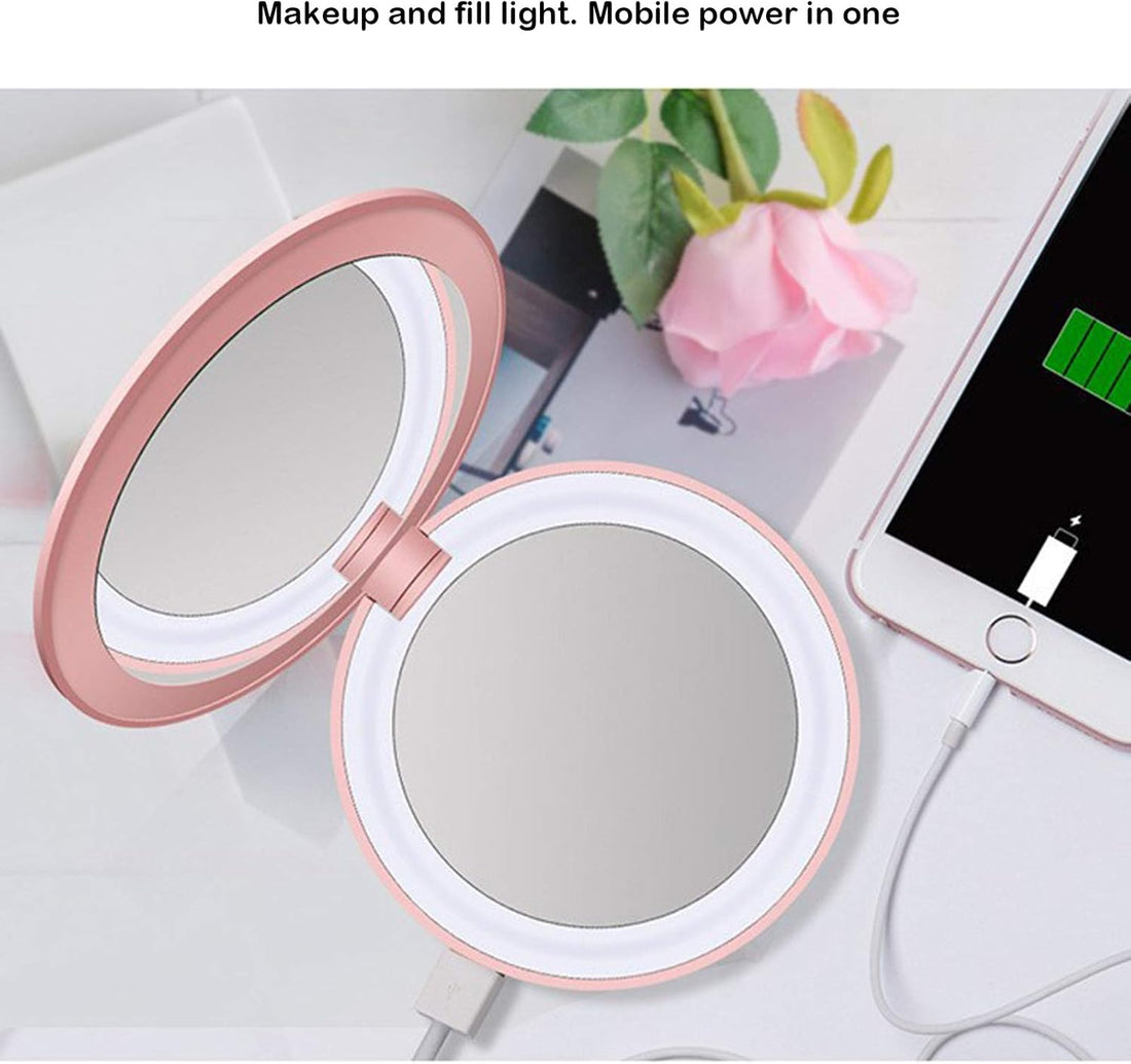 Portable Decorative Mirror Mini LED Ring Light Tri-fold Illuminating Rechargeable Power Bank