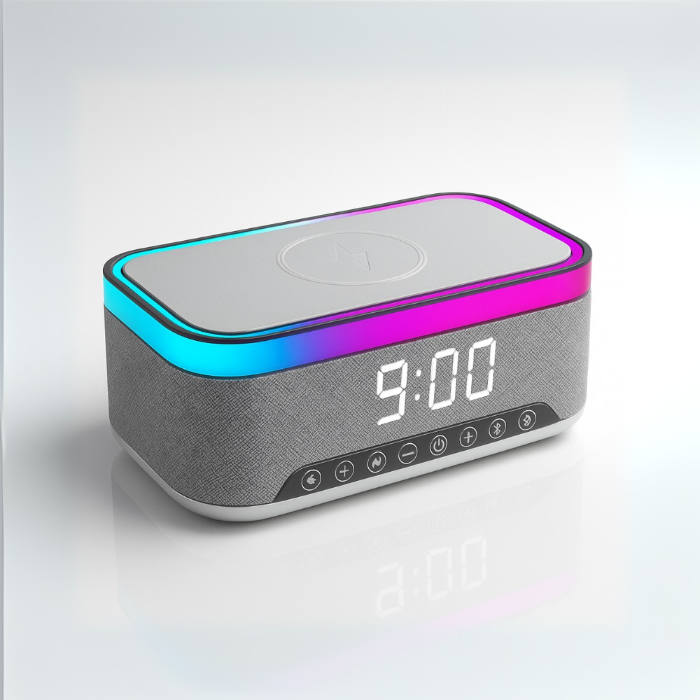 Smart Alarm Clock with 15W Fast Wireless Charger & Bluetooth Speaker